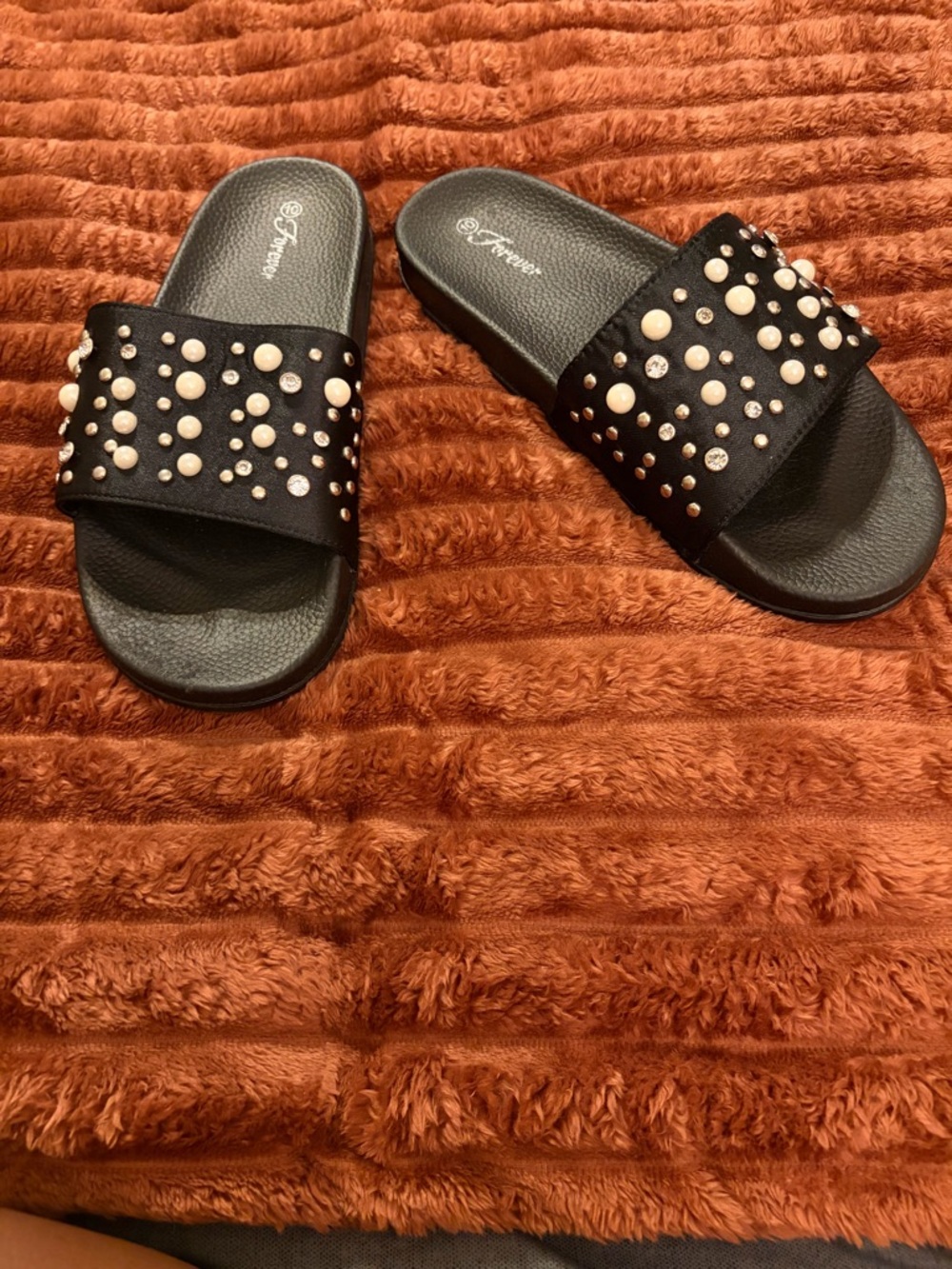 Forever Black Pearl & Rhinestone Slide Sandals - Picture 2 of 3